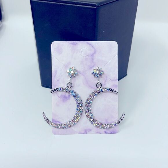 Moon Iridescent Rhinestone Crystal Post Drop Earrings - Picture 4 of 9